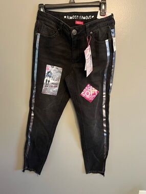 Almost Famous Black Ankle Jeans with Iridescent Silver-Blue Side Stripes